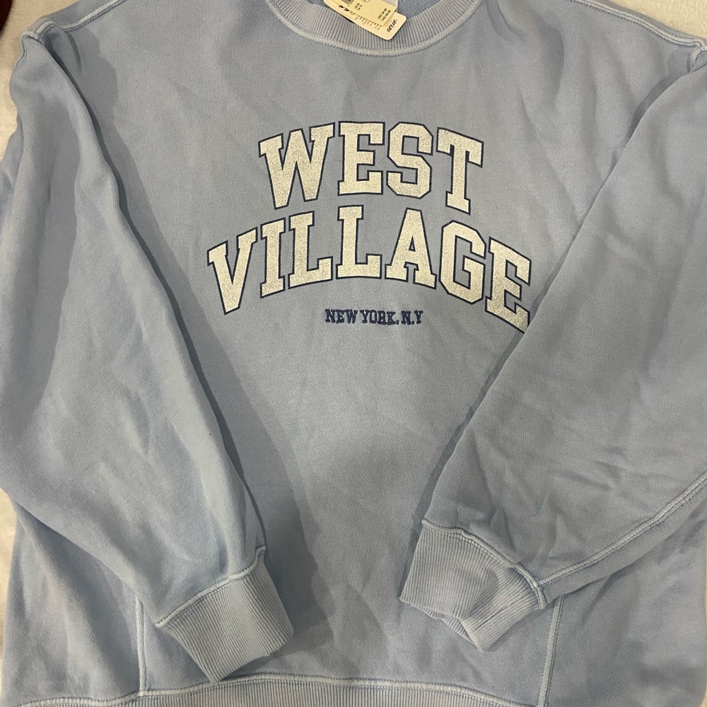 aerie Blue Crewneck Sweater with WEST VILLAGE Text